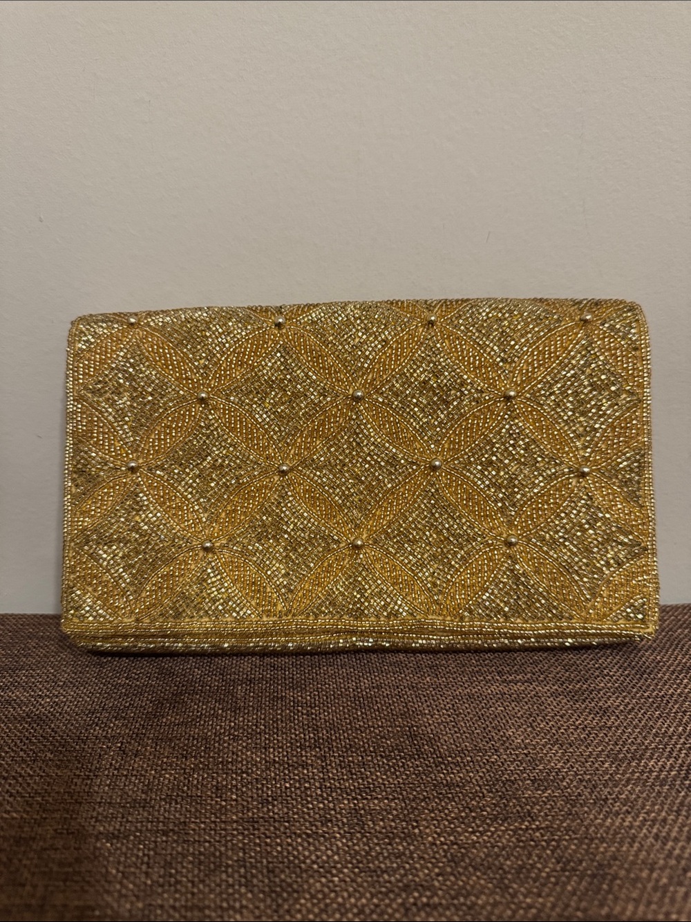 Vintage Saks Fifth Avenue Beaded Clutch Gold Beading Silk Geometric Gatsby 20s